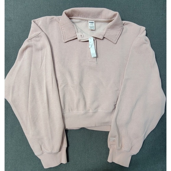 PINK Victoria's Secret Tops - NWT Victoria's Secret PINK Cropped Polo Pullover Sweatshirt Pink Fleece Medium